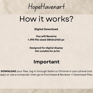 K&ouml;nnte beinhalten: Eine digitale Download-Informationskarte mit dem Text "HopeHavenart" oben. Die Karte erkl&auml;rt, wie der digitale Download funktioniert, einschlie&szlig;lich Dateigr&ouml;&szlig;e und Nutzungshinweise. Der Hintergrund ist hellbeige.