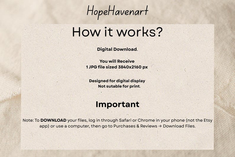 K&ouml;nnte beinhalten: Eine digitale Download-Informationskarte mit dem Text "HopeHavenart" oben. Die Karte erkl&auml;rt, wie der digitale Download funktioniert, einschlie&szlig;lich Dateigr&ouml;&szlig;e und Nutzungshinweise. Der Hintergrund ist hellbeige.