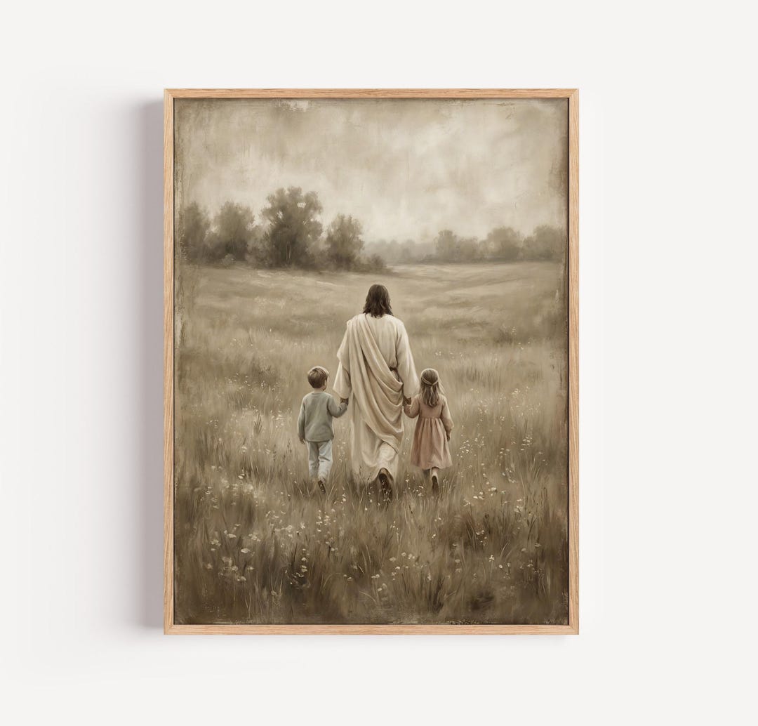 Jesus Walking With Children Wall Art, Vintage Christian Print, Faith ...