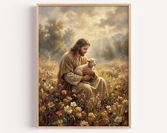 May include: A framed wall art print depicting a bearded figure with long hair wearing a tan robe, sitting in a field of colorful wildflowers and holding a small white lamb. The scene is set under a cloudy sky with soft rays of sunlight.