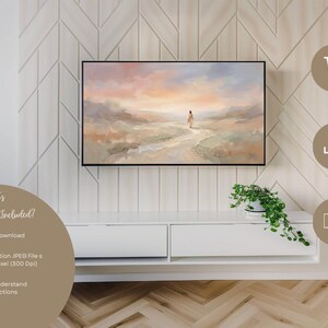 K&ouml;nnte beinhalten: Gerahmtes Landschaftsgem&auml;lde mit einer Figur, die auf einem Weg vor einem Sonnenuntergangshimmel geht. Das Kunstwerk wird &uuml;ber einem wei&szlig;en Schrank ausgestellt. Das Bild enth&auml;lt den Text "What's Included?" und Details zum digitalen Download.