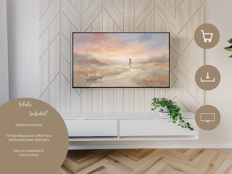 K&ouml;nnte beinhalten: Gerahmtes Landschaftsgem&auml;lde mit einer Figur, die auf einem Weg vor einem Sonnenuntergangshimmel geht. Das Kunstwerk wird &uuml;ber einem wei&szlig;en Schrank ausgestellt. Das Bild enth&auml;lt den Text "What's Included?" und Details zum digitalen Download.