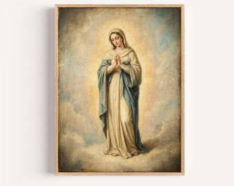 Mother Mary Prayer Art – Virgin Mary Wall Art, Catholic Artwork, Religious Home Decor, Vintage Marian Print, Christian Faith Art