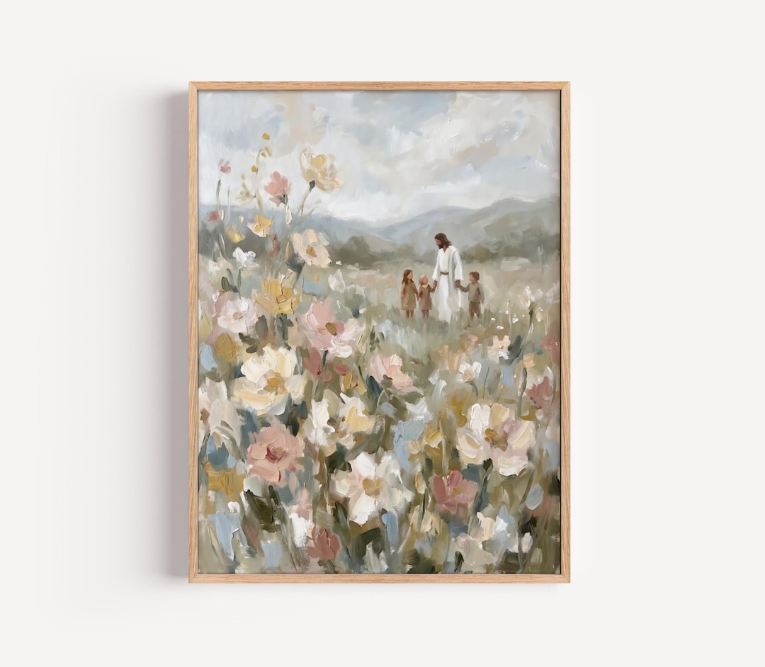Jesus Walking With Children Wall Art, Christian Floral Painting ...