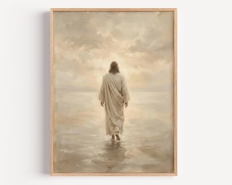 Vintage Jesus Walking on Water – Soft Beige Christian Wall Art, Antique-Style Scripture Artwork
