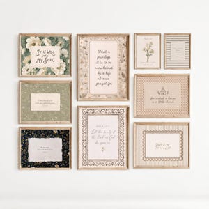 May include: A gallery wall set of eight framed prints featuring floral patterns, stripes, and polka dots. Each print contains inspirational text in various fonts, including phrases like It is well with my soul, What a privilege, and Let the beauty of the Lord.