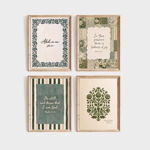 May include: A set of four framed wall art prints featuring sage green and cream tones. The prints display botanical borders, patchwork patterns, vertical stripes, and a central floral motif, each containing inspirational text in black script.