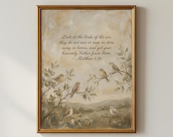 May include: A framed art print featuring an inspirational quote from Matthew 6:26. The artwork depicts several small birds perched on tree branches, set against a soft, muted landscape with a gold-colored frame. The text is in a classic serif font.
