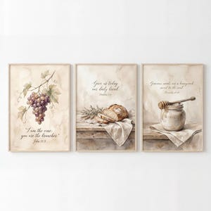 Christian Kitchen Scripture Art set of 3 | Watercolor Bread, Honey, Grapes (Downloadable Prints)