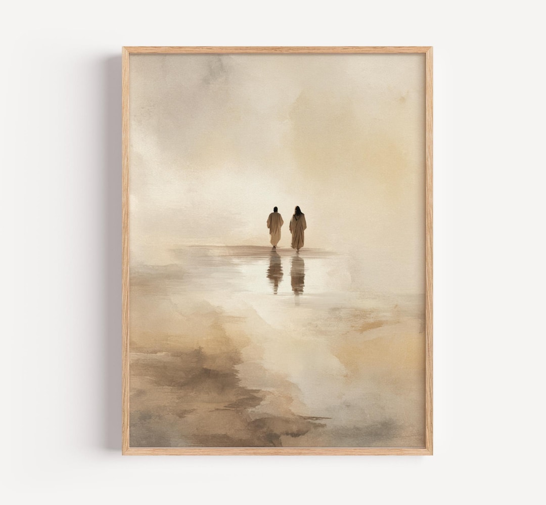 Jesus and Peter Walking on Water Print, Beige Christian Wall Art ...