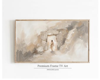 Könnte beinhalten: Gerahmtes Gemälde, das eine Figur zeigt, die auf eine helle Öffnung in einer Steinstruktur zugeht. Das Kunstwerk verwendet eine gedämpfte Farbpalette aus Beige, Grau und Weiß. Der Text "Premium Frame TV Art" und Pixelmaße sind unten.