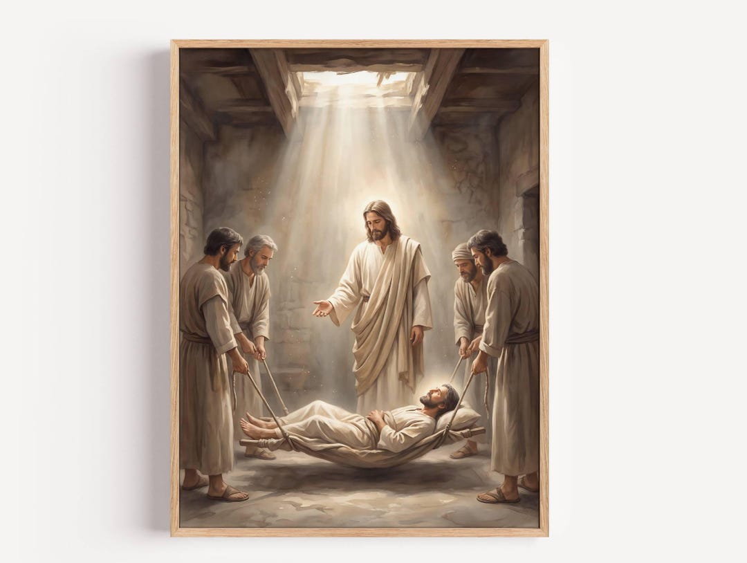 Jesus Heals Paralyzed Man Art | Mark 2:11 Bible Scene Painting (digital ...