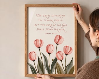 Jesaja 40,8 Tulpen-Kunstdruck, feminine florale Bibelkunst (Digitaler Download)