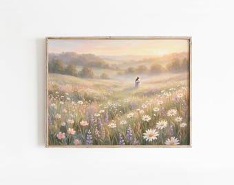 Jesus Embracing in Wildflower Meadow Art – Christian Wall Art, Faith Landscape Print, Inspirational Jesus Artwork, Religious Home Decor