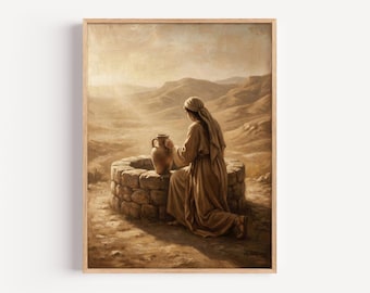 Puede incluir: Una lámina de arte mural en tonos sepia que muestra a una figura con túnica y capucha arrodillada junto a un pozo de piedra circular en un paisaje desértico. La figura sostiene una jarra de cerámica en el borde del pozo, con colinas y luz solar.