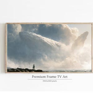 Könnte beinhalten: Ein rechteckiges gerahmtes digitales Kunstwerk für einen Fernsehbildschirm, das eine Landschaft mit einer Person auf einem felsigen Ufer zeigt, die auf eine riesige walförmige Wolkenformation vor blau-weißem Himmel blickt, mit dem Text Premium Frame TV Art 3840x2160 pixels.