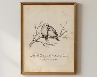 Let All That You Do Be Done in Love Bible Verse Print, Minimalist Christian Wall Art, Two Birds Illustration, Neutral Scripture Decor