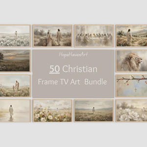 Puede incluir: Una colección digital de 50 obras de arte cristianas para marcos de televisión, con escenas de figuras en paisajes, un león y una cruz. El texto central dice HopeHavenArt 50 Christian Frame TV Art Bundle en una fuente clara.
