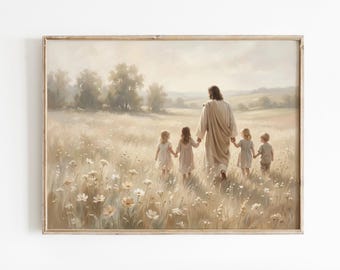 Jesus Walking With Children Art Print – Christian Wall Art, Inspirational Bible Nursery Decor, Pastel Jesus Artwork, Faith Home Decor