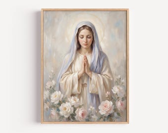 Mary in Prayer Wall Art, Blessed Virgin Mary Painting, Catholic Christian Art Print, Soft Floral Religious Artwork, Prayer Decor