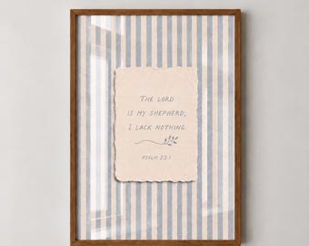 Muurdecoratie met Psalm 23:1 | Stoffige blauwe strepen, cottagecore Bijbelversprint (digitale download)