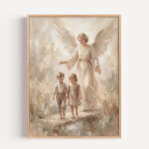 May include: A framed oil painting in soft beige and cream tones depicting a winged angel in a long robe walking behind two young children through a field of tall grass. The angel has large wings and is guiding the children forward in a scene.