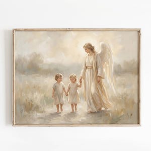Guardian Angel and Children Art Print, Neutral Nursery Decor (Digital Download)