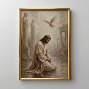 May include: A framed wall art print in sepia tones depicting a figure with long hair and a beard kneeling in prayer. Above the figure, a white dove is in flight. The scene includes classical stone columns and statues in a misty, ethereal setting.
