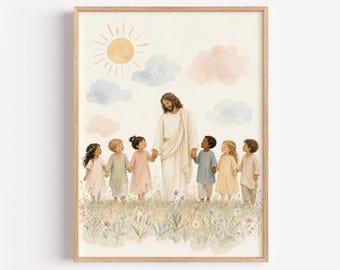 Jesus With Children Nursery Print, Watercolor Bible Wall Art (Digital Download)