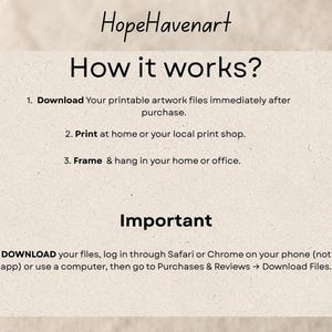 May include: A beige card with the text "HopeHavenart" at the top. Below, the text "How it works?" is followed by numbered steps: download, print, and frame. The word "Important" is also displayed, along with a note about downloading files.