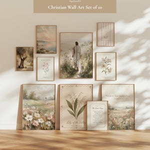 Könnte beinhalten: Ein Set aus zehn gerahmten Wandbildern mit christlichen Motiven, darunter Landschaften, Blumenillustrationen und religiöse Texte. Die Sammlung zeigt gedämpfte Erdtöne, weiches Licht sowie Darstellungen von Figuren, Lilien und Feldern.