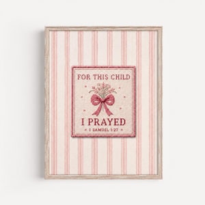 Voor dit kind heb ik gebeden – Bijbeltekstprint, vintage kruissteekdecoratie voor de kinderkamer (digitale download)