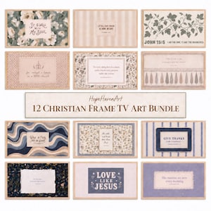 May include: A digital bundle of 12 rectangular Christian-themed artworks for television screens, featuring various patterns like florals, stripes, and waves, each displaying inspirational religious text and scripture verses in a variety of fonts.