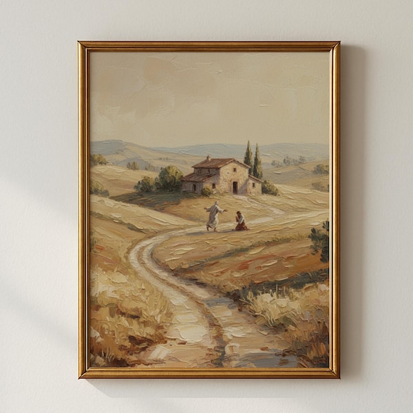 Arte mural del Hijo Pródigo / Pintura cristiana al óleo / Impresión de paisaje bíblico en beige / Decoración cristiana inspiradora