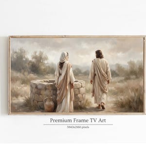 以下が含まれることがあります： 宗教的なシーンの額入りプリント。 ローブを着た2人の人物が、野原の石の井戸の近くに立っています。 アートワークは、ベージュ、茶色、グレーの色調の落ち着いたカラーパレットを使用しています。 下部には「Premium Frame TV Art」の文字があります。