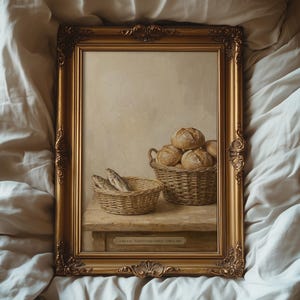 May include: A framed painting with a gold ornate frame. The painting depicts a still life with two woven baskets, one with fish and the other with bread rolls. The background is a light beige color. The painting is labeled "Luke 5:16 'Lower and Fishes' - Circa 1899."
