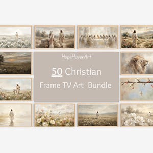 Peut inclure: Une collection d'impressions d'art encadrées sur le thème chrétien. Les œuvres présentent des paysages sereins, des personnages en robes fluides et des scènes tirées d'histoires bibliques. La palette de couleurs est douce, avec des tons sourds et un accent sur la lumière naturelle.