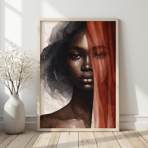 Watercolor Woman Portrait Print, Red Veil Wall Art, Moody Female Face Poster, Abstract Beauty Decor, Elegant Fine Art