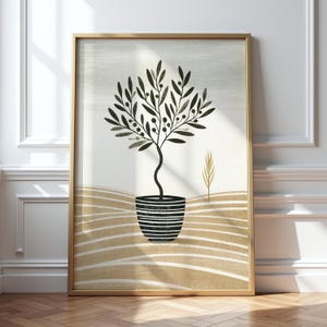 Könnte beinhalten: Ein gerahmter Kunstdruck mit einem stilisierten schwarzen Olivenbaum in einem gestreiften Topf. Das Kunstwerk hat ein minimalistisches Design mit einer neutralen Farbpalette aus Beige, Schwarz und Gold. Der Druck ist in einem goldenen Rahmen und wird vor einer weißen Wand ausgestellt.