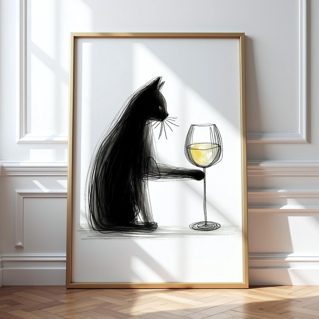 Black Cat Wine Glass Art Print, Funny Wine Lover Poster, Quirky Bar ...