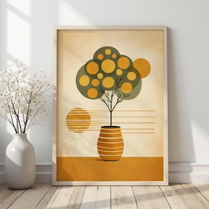 Könnte beinhalten: Abstrakter Kunstdruck mit einem stilisierten Baum mit einem runden, gepunkteten Baldachin in Grün- und Gelbtönen. Der Baum ist in einer gestreiften Vase eingetopft, vor einem neutralen Hintergrund mit einer gelben Sonne und horizontalen Linien. Das Kunstwerk ist gerahmt.