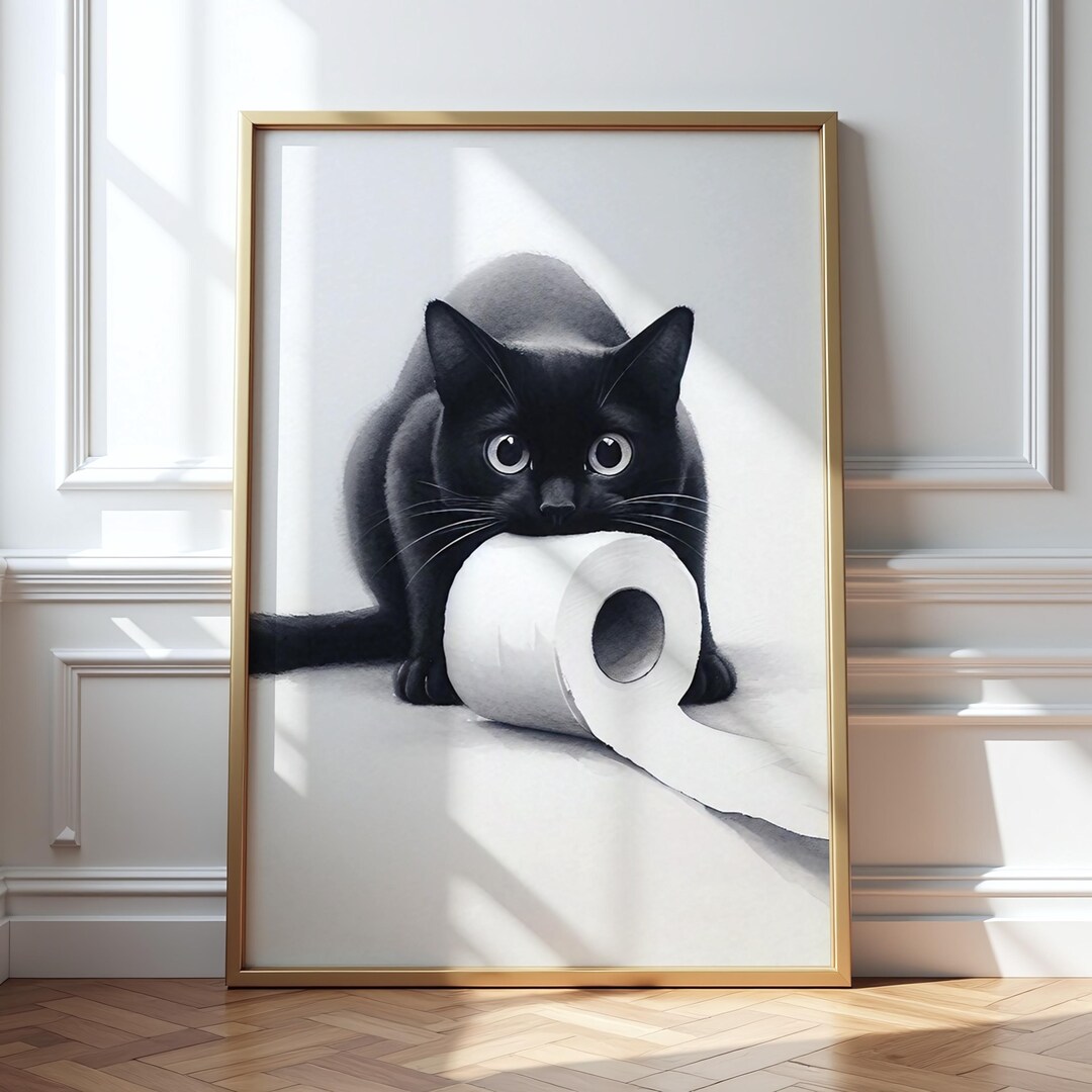 Black Cat Toilet Paper Art Print, Quirky Pet Poster, Funny Bathroom ...