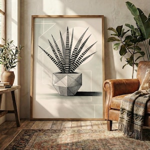 Könnte beinhalten: Ein gerahmter Kunstdruck mit einer geometrischen Illustration einer Topfpflanze. Die schwarz-weiße Pflanze hat lange, gestreifte Blätter. Der Topf ist ein geometrisches Design. Der Hintergrund ist eine weiche, gedämpfte Farbe mit geometrischen Formen.