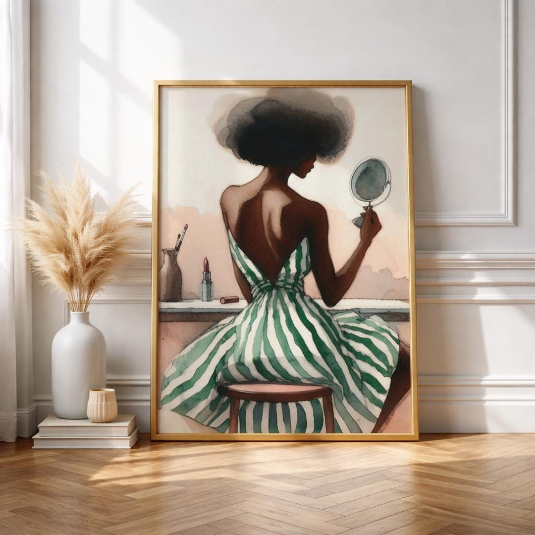 Black Woman in Green Striped Dress Art Print, Elegant Fashion Poster ...