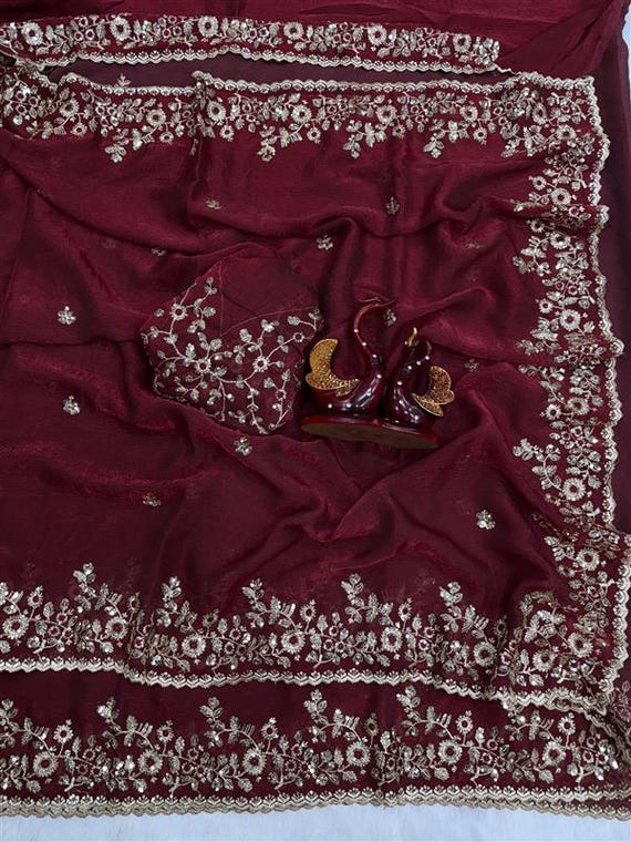 Handmade Sequins Chiffon Saree Embroidered Party Wear