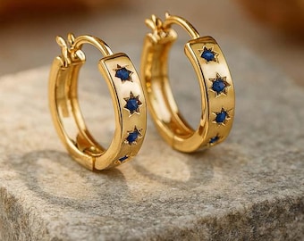 Blue Sapphire Starburst Huggie Hoops, Minimalist Distance Gemstone Star Hoops, Earlobes Hoop Earrings For Her, September Birthstone Hoops