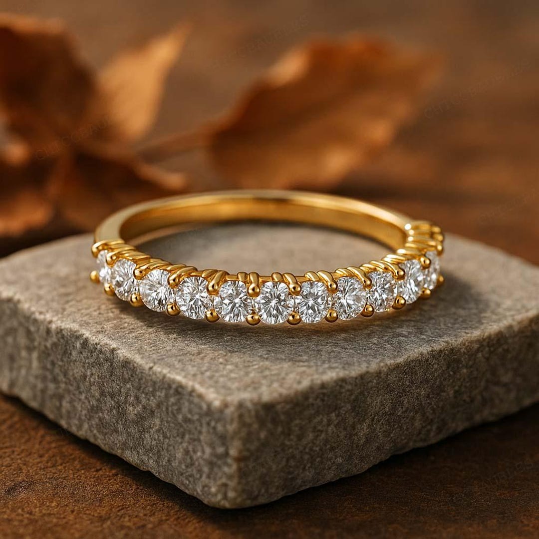 14k Solid Gold Half Eternity Band / Round Cut Moissanite Wedding Ring ...