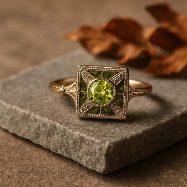Art Deco Peridot Ring, Vintage Style Square Gold Ring, Unika Grön Ädelstenssmycken, Födelsedagspresent, Elegant Design Löftesring