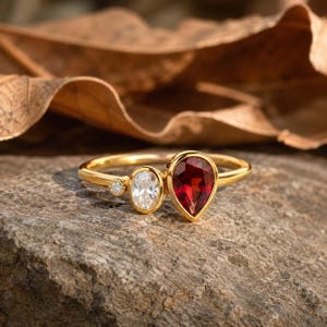 Vintage Red Ruby And Moissanite Ring, Unique Three Gemstone Ring, Delicate Bridal Engagement Ring, July Birthstone Jewelry, Anniversary Gift