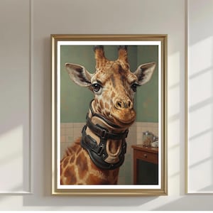 May include: A framed wall art print depicting a giraffe wearing a beige and black medical neck brace. The giraffe has brown and tan patterned fur, large dark eyes, and long eyelashes. The background shows a tiled wall and a wooden cabinet.